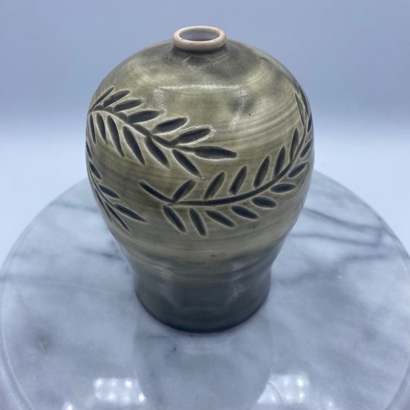 Other - Studio Pottery Lady Fern 7in Bud Vase Green Hand Thrown Artist Signed Nature Art